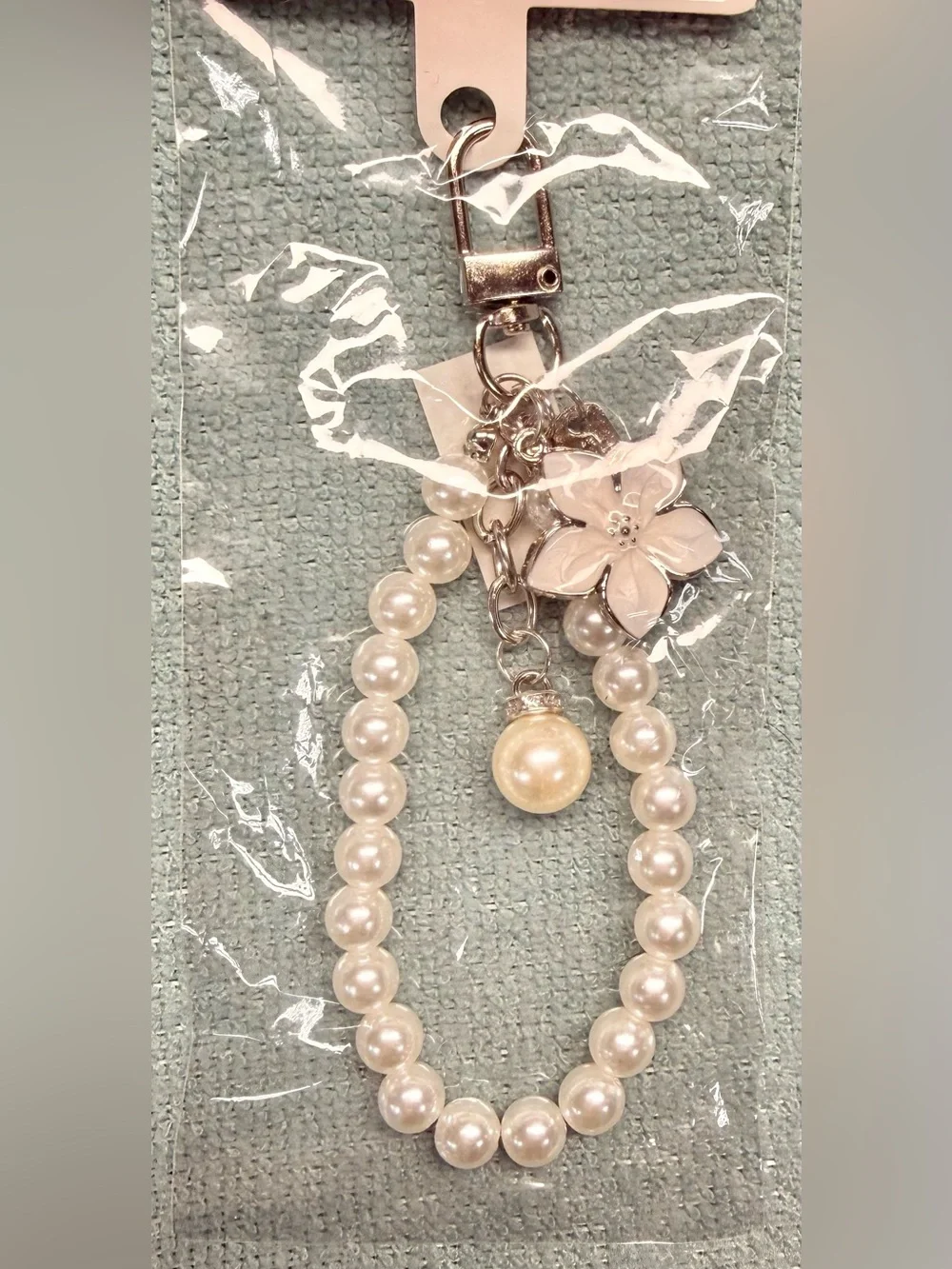 Pearl Beaded Charm/Keyring - Pink, White or Black Flower Accents New